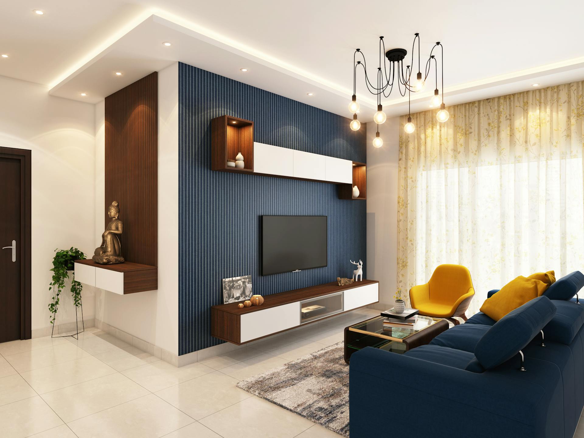 a modern lounge interior including a deep blue sofa and white marble flooring